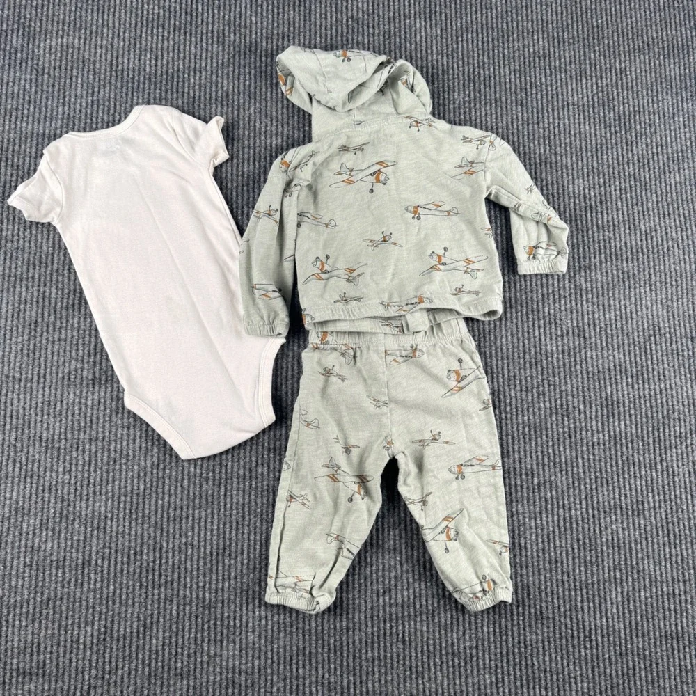 Carters Baby 9M 3-Piece‎ Airplane Set Sage Green Hoodie Joggers Onesie Aviation